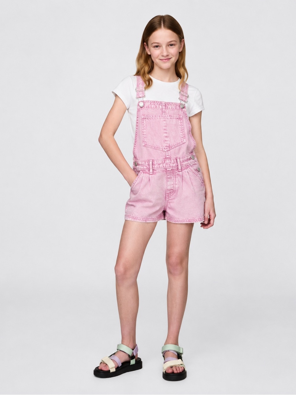 GAP Kids Girls Pink Denim Overall Shorts Shortalls Size 6-7 Small